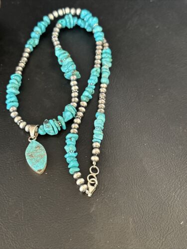 Navajo Kingman Turquoise Pendant Necklace | Sterling Silver | 22" | Authentic Native American Handmade | 14835