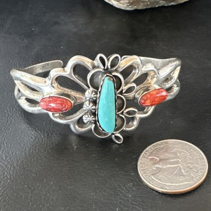 Navajo Kingman Turquoise Spiny Cuff Bracelet | Sterling Silver Tufa Cast | Authentic Native American Handmade | 16775
