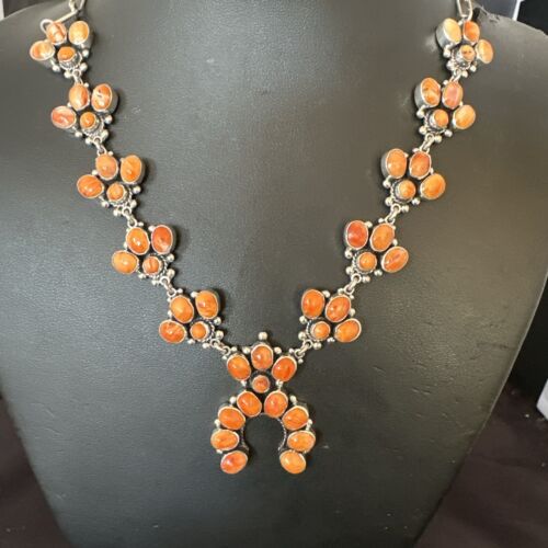 Navajo Orange Spiny Oyster Squash Blossom Necklace | Sterling Silver | Authentic Native American Handmade | 16830