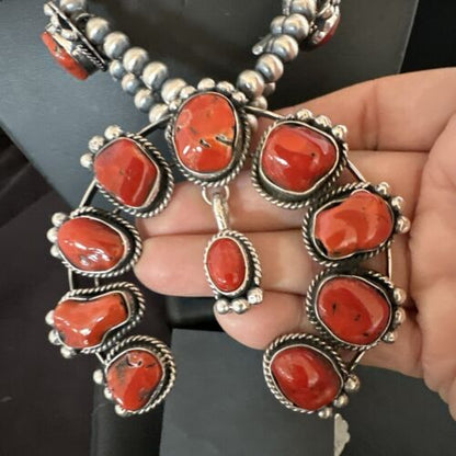 Red Coral Naja Pendant | Sterling Silver Squash Blossom Necklace & Earrings | Native American | 17048