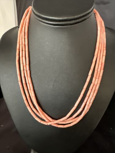 Pink Coral Tube Heishi Bead Necklace | 4 Strand Navajo Sterling Silver | 18" | 15279