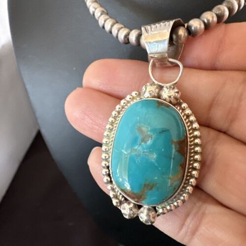 Navajo Pearls Kingman Turquoise Pendant Necklace | Sterling Silver | Authentic Native American Handmade | 17126