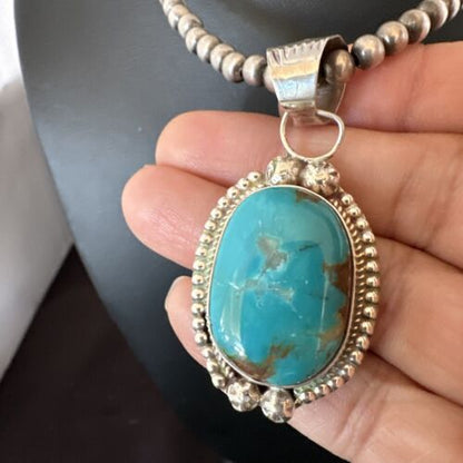 Navajo Pearls Kingman Turquoise Pendant Necklace | Sterling Silver | Authentic Native American Handmade | 17126