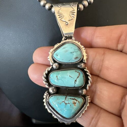 Navajo Blue Kingman Turquoise 3-Stone Cluster Pendant | Sterling Silver | Authentic Native American Handmade | 17631