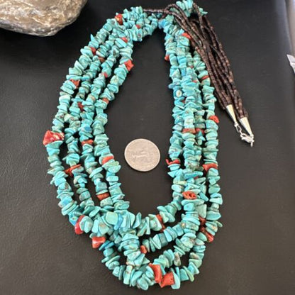 Navajo Blue Turquoise & Spiny Shell Heishi Necklace | Sterling Silver | 30" | Authentic Native American Handmade | 16072