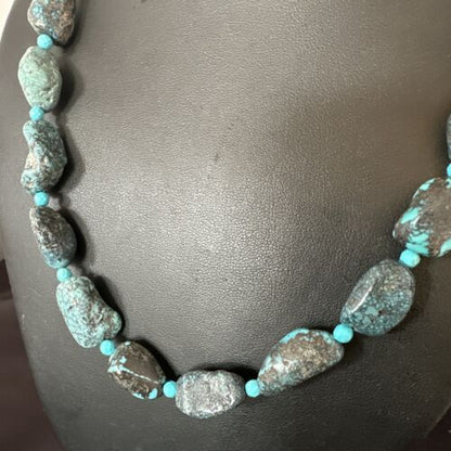 Navajo Blue Nugget Turquoise Bead Necklace | Sterling Silver Pearls | 20" | Authentic Native American Handmade | 16002