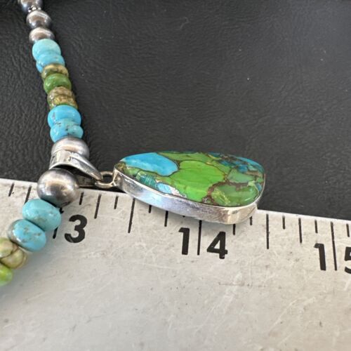 Navajo Blue Green Mojave Turquoise Pendant | Sterling Silver Pearl Necklace | Authentic Native American Handmade | 16921