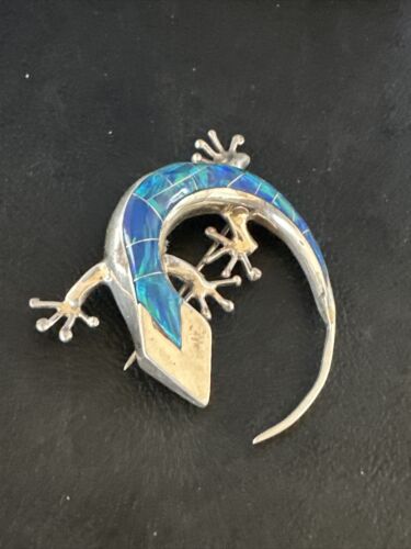 Navajo Blue Opal Lizard Pin Pendant | Inlay Gecko | Sterling Silver | Authentic Native American Handmade | 15194