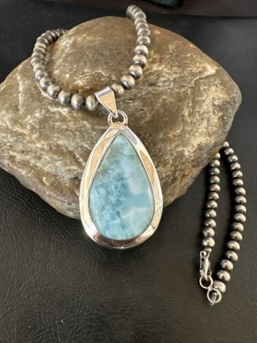 Navajo Blue Larimar Pendant Necklace | Sterling Silver Beads | Authentic Native American Handmade | 17603