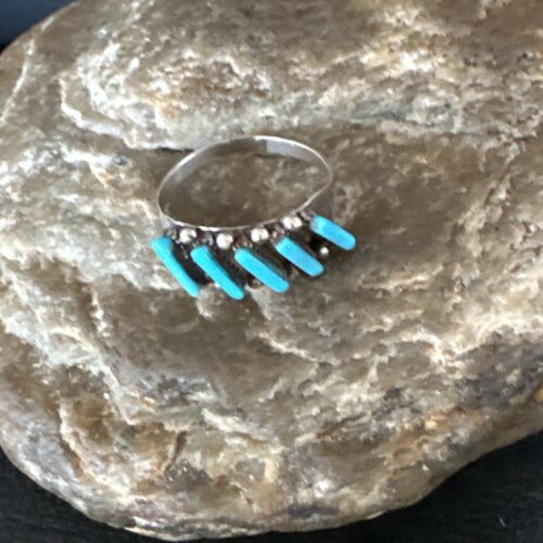 Zuni Blue Turquoise Needle Point Ring | Authentic Native American Sterling Silver | Multi-Stone | Sz 7.5 | 15399