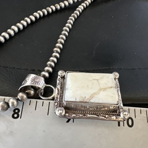 Navajo White Buffalo Turquoise Pendant | Sterling Silver Pearls Necklace | Authentic Native American Handmade | 17101
