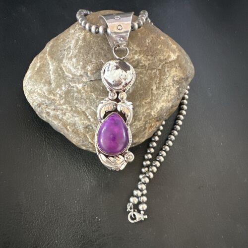 White Buffalo Turquoise & Sugilite Pendant | Navajo Pearls | Sterling Silver | Native American Handmade | 16871