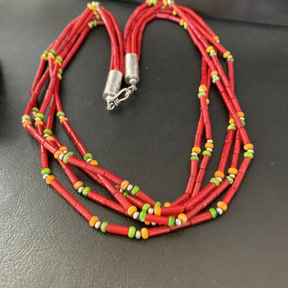 Navajo Red Coral Spiny Turquoise Bead Necklace with Pendant | Sterling Silver | 21" | 10923