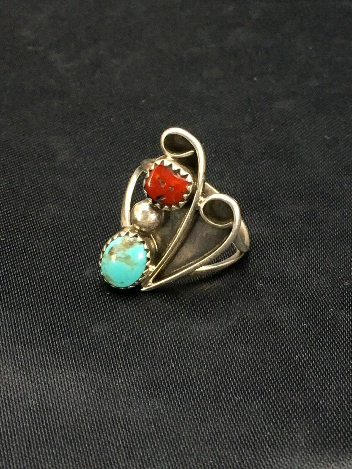 Navajo Blue Turquoise Coral Ring | Authentic Native American Sterling Silver | Multi-Stone | Sz 6.5 | 2780