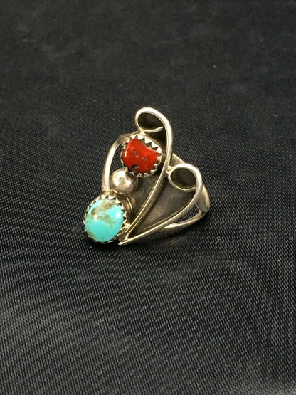 Navajo Blue Turquoise Coral Ring | Authentic Native American Sterling Silver | Multi-Stone | Sz 6.5 | 2780