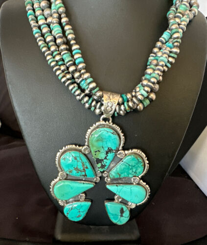 Navajo XL Blue Turquoise Cluster Naja Pendant Necklace | Sterling Silver | 21" | 16678