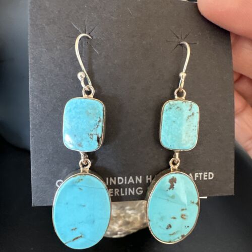 Navajo Blue Kingman Turquoise Dangle Earrings | Sterling Silver | Authentic Native American Handmade | 15117