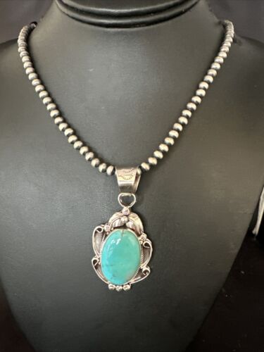 Navajo Pearls Blue Turquoise Necklace Pendant | Sterling Silver | Authentic Native American Handmade | 14878