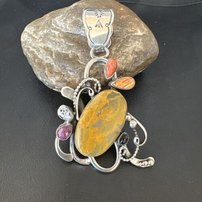 Navajo Sterling Silver Spiny Bumblebee Necklace Pendant | Multi-Stone | Authentic Native American Handmade | 16106