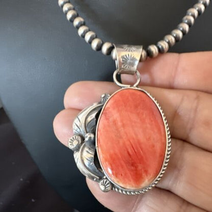 Navajo Red Spiny Oyster Pendant Necklace | Sterling Silver | Authentic Native American Handmade | 15633