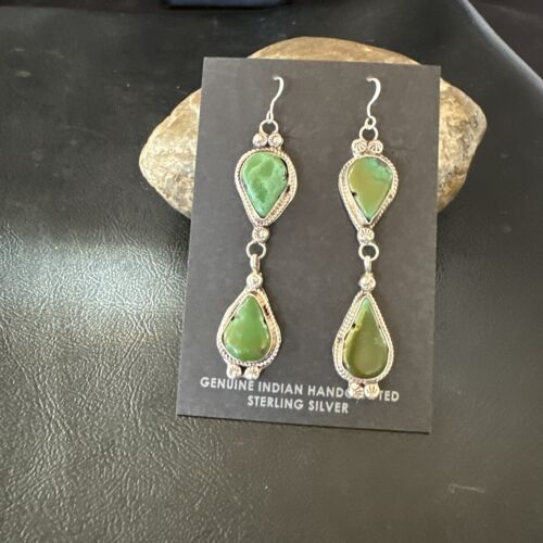 Navajo Green Royston Turquoise Dangle Earrings | Sterling Silver | Authentic Native American Handmade | 17142