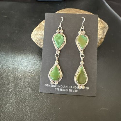Navajo Green Royston Turquoise Dangle Earrings | Sterling Silver | Authentic Native American Handmade | 17142