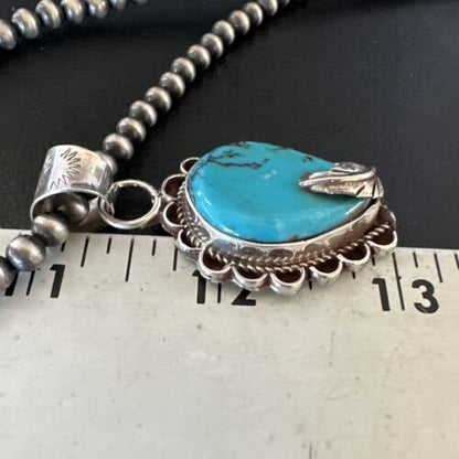 Navajo Blue Turquoise Pendant Necklace | Sterling Silver Pearls | Authentic Native American Handmade | 15651