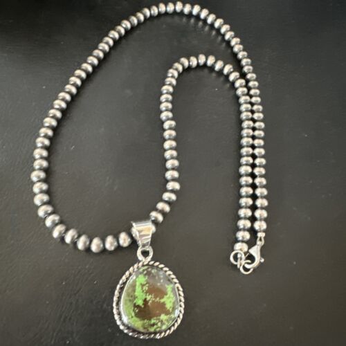 Navajo Green Gaspeite Pendant Necklace | Sterling Silver | Authentic Native American Handmade | 16362