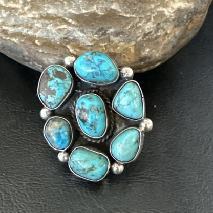Navajo Blue Kingman Turquoise Cluster Ring | Authentic Native American Sterling Silver | Multi-Stone | Sz 10 | 17644