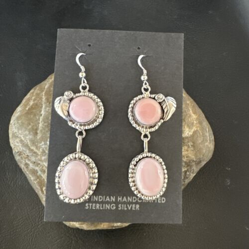 Navajo Pink Conch Shell Dangle Earrings | Sterling Silver | Authentic Native American Handmade | 17192