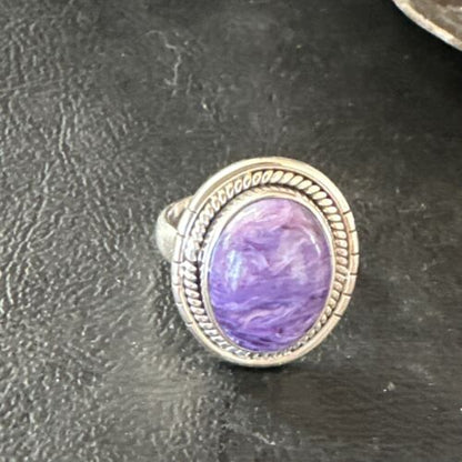 Navajo Purple Charoite Oval Ring | Sterling Silver | Sz 8 | Authentic Native American Handmade | 15541