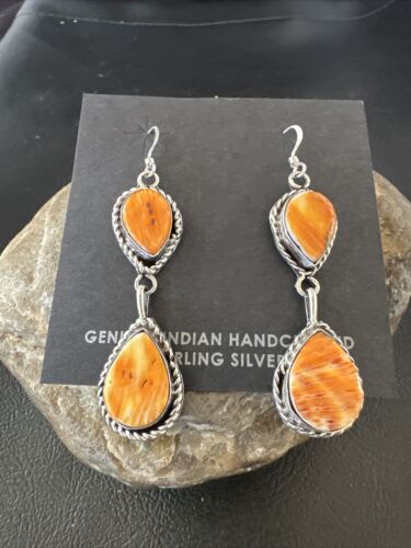 Navajo Orange Spiny Oyster Dangle Earrings | Sterling Silver | 1.5" | Authentic Native American Handmade | 16574