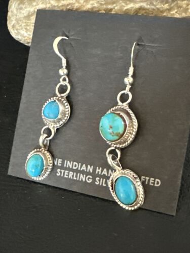 Kingman Turquoise Dangle Earrings | Navajo Sterling Silver | Authentic Native American Handmade | 14871