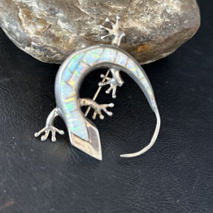 Navajo White Opal Lizard Pin Pendant | Inlay Gecko | Sterling Silver | Authentic Native American Handmade | 14334