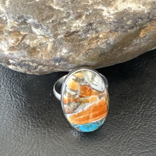 Navajo Blue Turquoise Orange Spiny Oyster Ring | Sterling Silver | Sz 8 | Authentic Native American Handmade | 16621