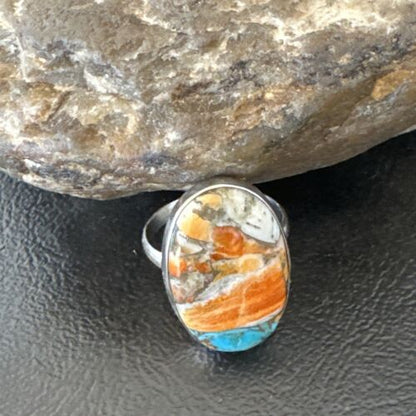 Navajo Blue Turquoise Orange Spiny Oyster Ring | Sterling Silver | Sz 8 | Authentic Native American Handmade | 16621