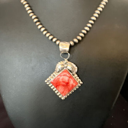 Navajo Red Spiny Oyster Pendant Necklace | Sterling Silver | Authentic Native American Handmade | 16145