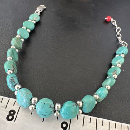 Navajo Blue Turquoise Bead Bracelet | Sterling Silver Link | 8" | Authentic Native American Jewelry | 17235