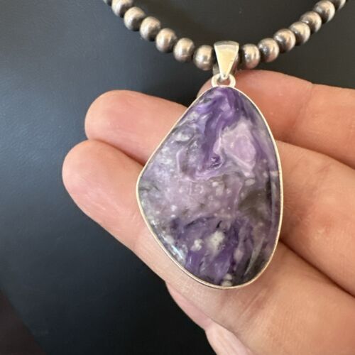 Navajo Purple Charoite Pendant with Pearls | Sterling Silver Necklace | Authentic Native American Handmade | 17312