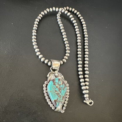 Navajo Blue Turquoise Pendant Necklace | Sterling Silver Pearls | Authentic Native American Handmade | 15642