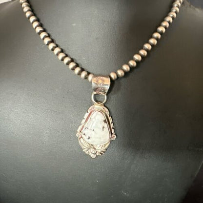 Men's White Buffalo Turquoise Pendant Necklace | Navajo Pearls | Sterling Silver | Native American Handmade | 17335