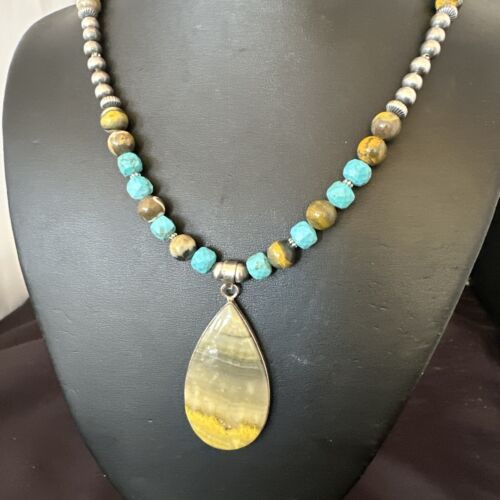 Men's BumbleBee Jasper Pendant Necklace | Navajo Pearls | Sterling Silver | Authentic Native American Handmade | 16875 - Masha USA