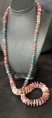 Authentic Native American Navajo Necklace | Purple Spiny Oyster & Turquoise | Sterling Silver | 34" | 15091