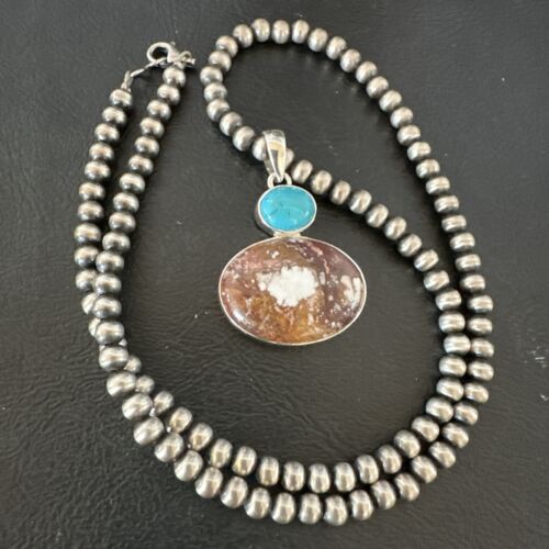 Navajo Wild Horse Blue Kingman Turquoise Necklace | Sterling Silver | 17337