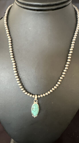 Navajo Pearls Kingman Turquoise Pendant Necklace | Sterling Silver | Authentic Native American Handmade | 14896