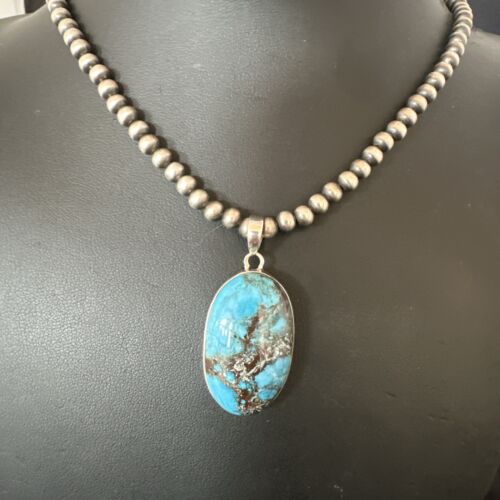 Navajo Blue Spiderweb Turquoise Pendant Necklace | Sterling Silver | Authentic Native American Handmade | 17017