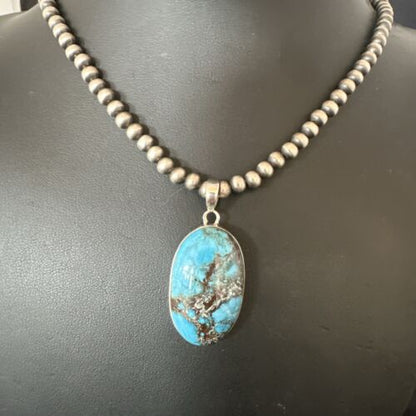 Navajo Blue Spiderweb Turquoise Pendant Necklace | Sterling Silver | Authentic Native American Handmade | 17017