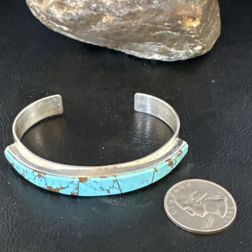 Navajo Men's Blue Turquoise Inlay Bracelet | Sterling Silver | Authentic Native American Handmade | 15062