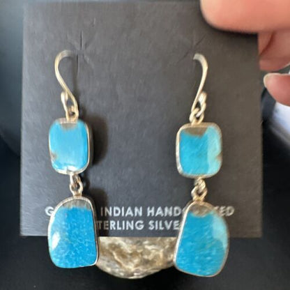 Navajo Blue Kingman Turquoise Dangle Earrings | Sterling Silver | Authentic Native American Handmade | 15111