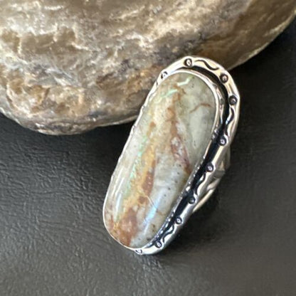 Navajo Ribbon Boulder Green Turquoise Ring | Sterling Silver | Sz 8.5 | 16254
